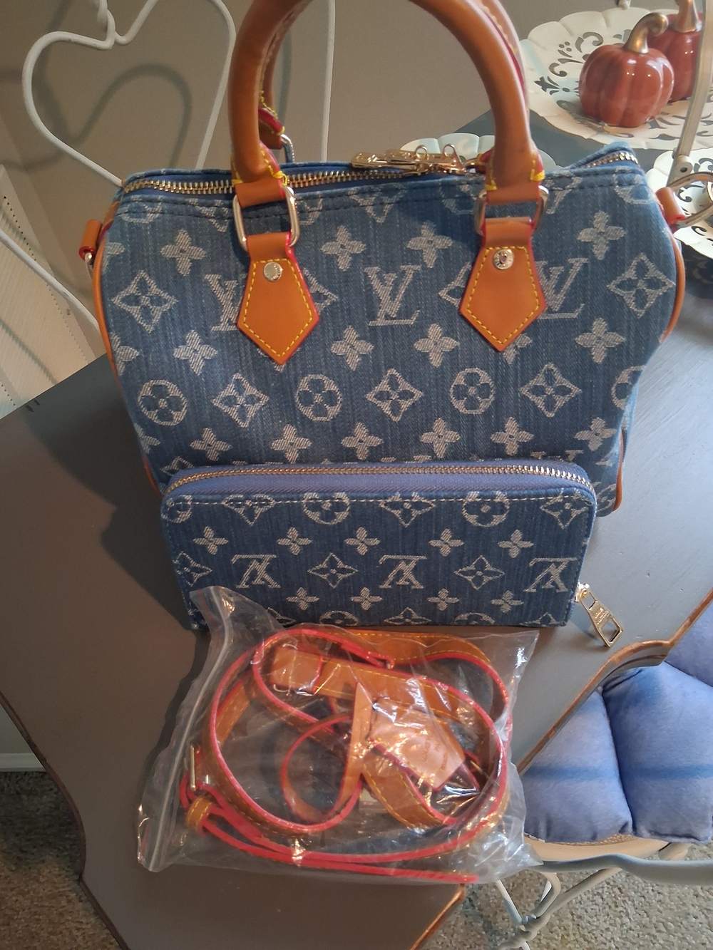 Louis Vuitton Blue Denim Monogram Satchel with Tan Leather Trim